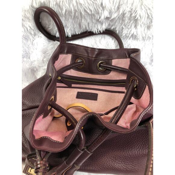 Dooney & Bourke Pebble Grain Tassel Leather Drawstring Bucket Tote Bag Purple - Picture 7 of 9